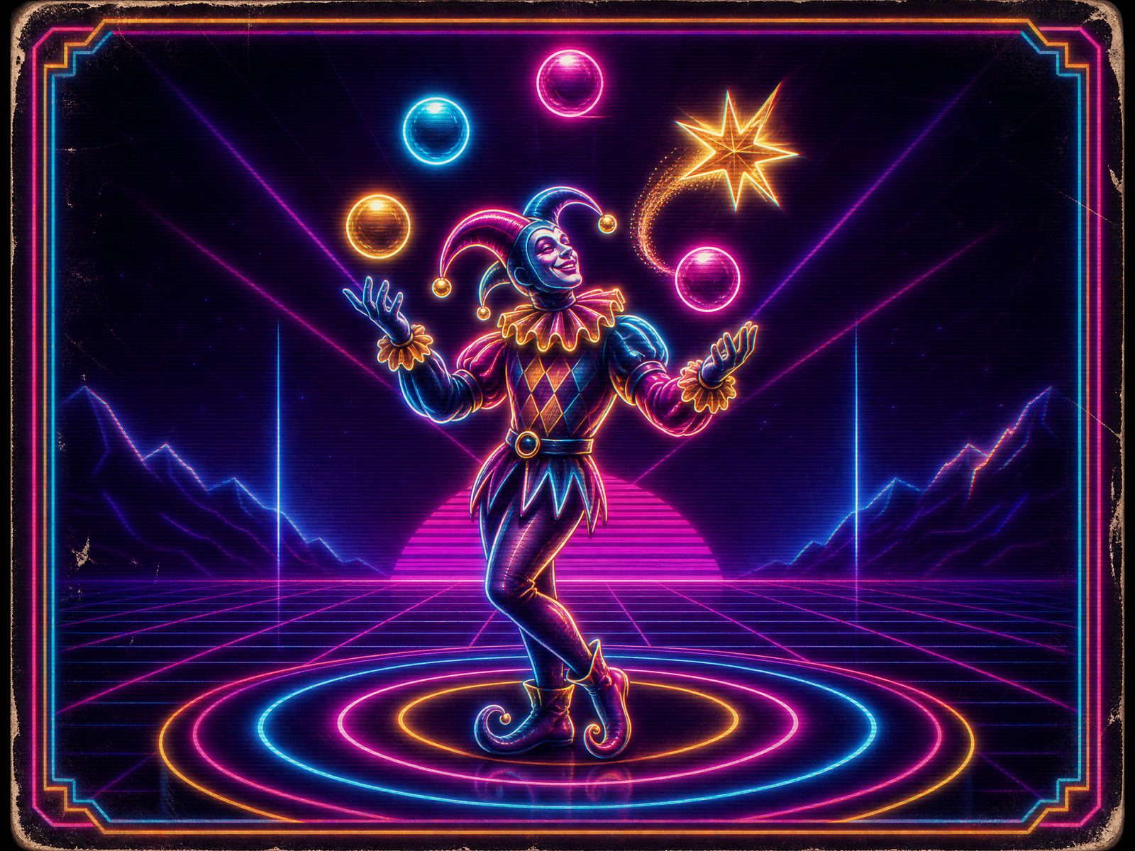 Neon Juggler cover art with glowing orbs