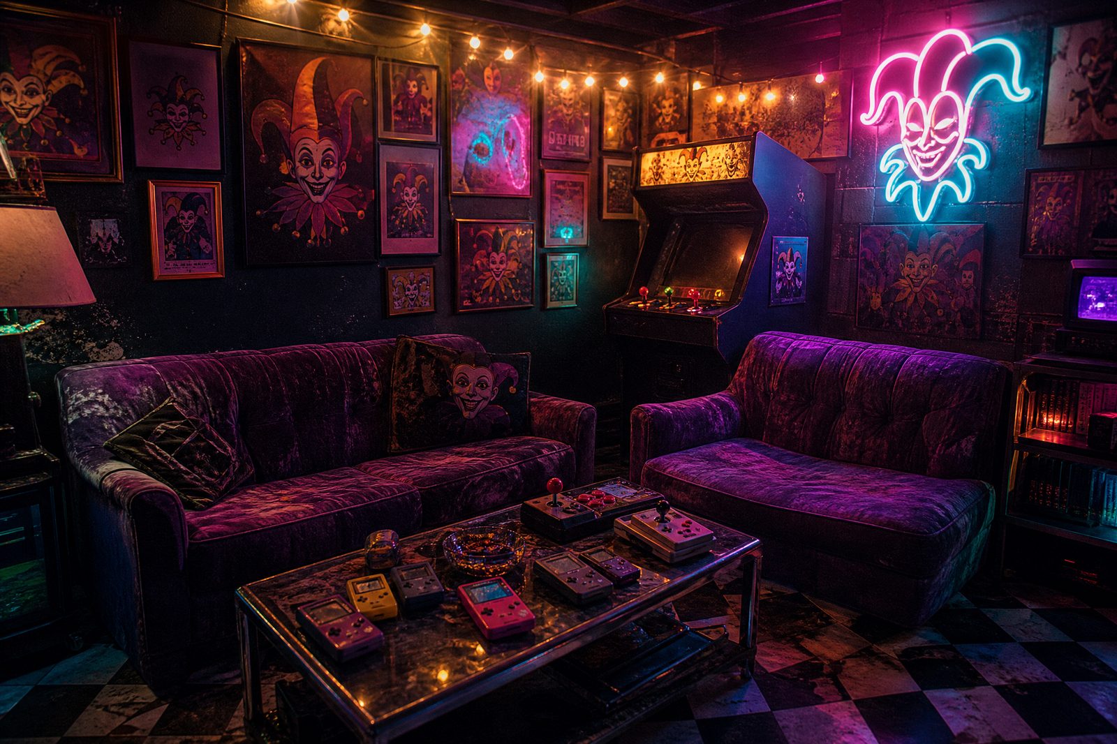 The purple review couch in the Bells and Whistles lounge